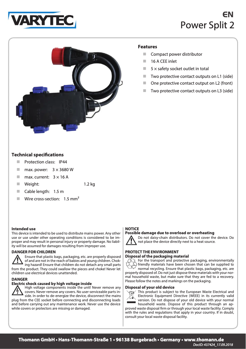 Page 1 de la notice Manuel utilisateur Varytec Power Split 2