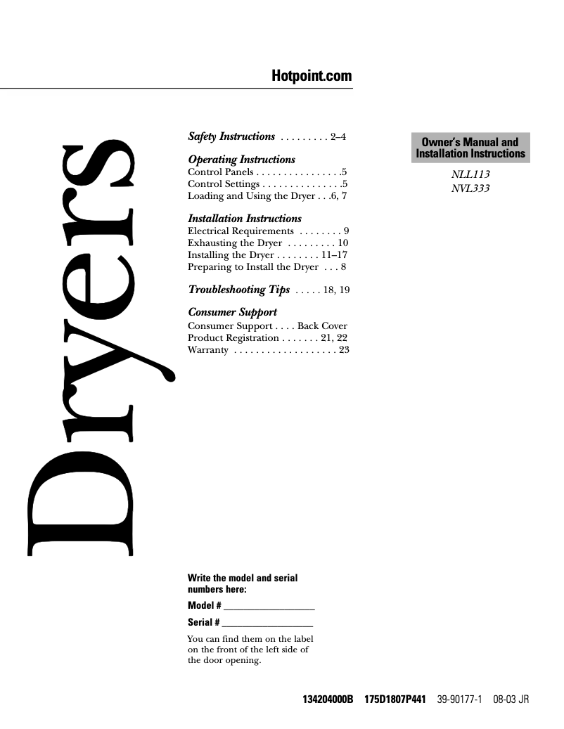 Page 1 de la notice Manuel d'utilisation et d'entretien Hotpoint NVL333GBWW