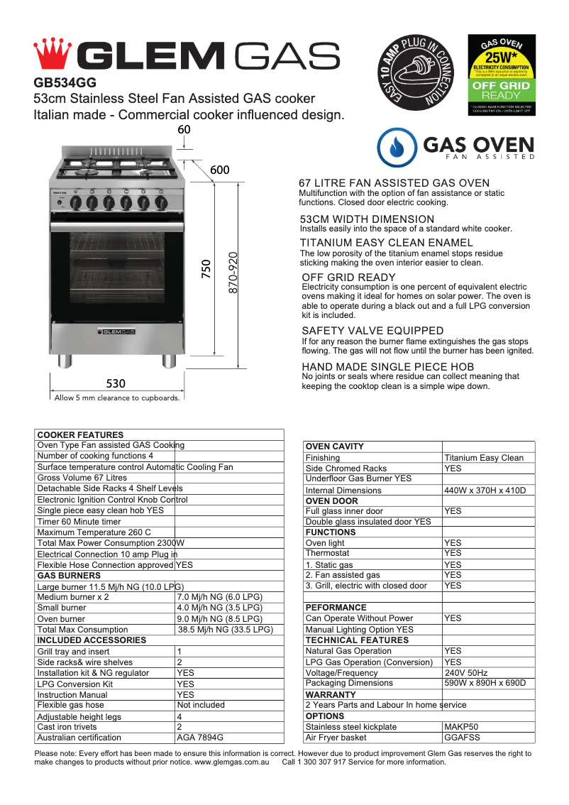 Page 1 de la notice Fiche technique Glem Gas GB534GG