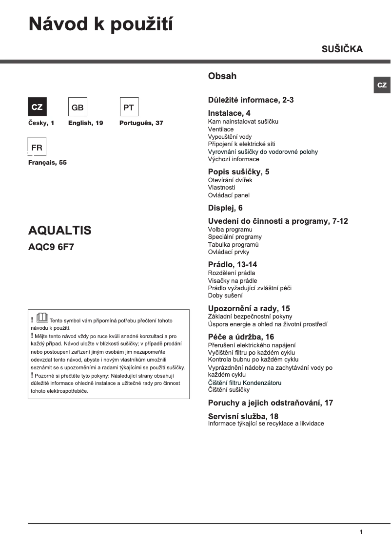 Page n°1 - Manuel utilisateur Hotpoint AQC9 6F7 TM1