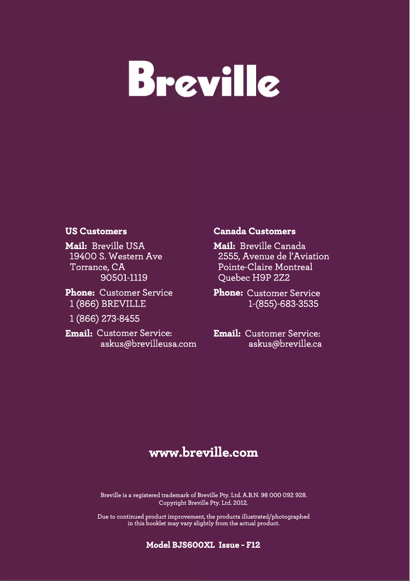 Page 1 de la notice Manuel utilisateur Breville the Juice Fountain Crush BJS600XL