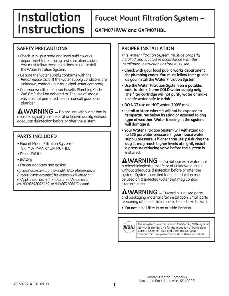 Page 1 de la notice Manuel utilisateur GE GXFM07HBL