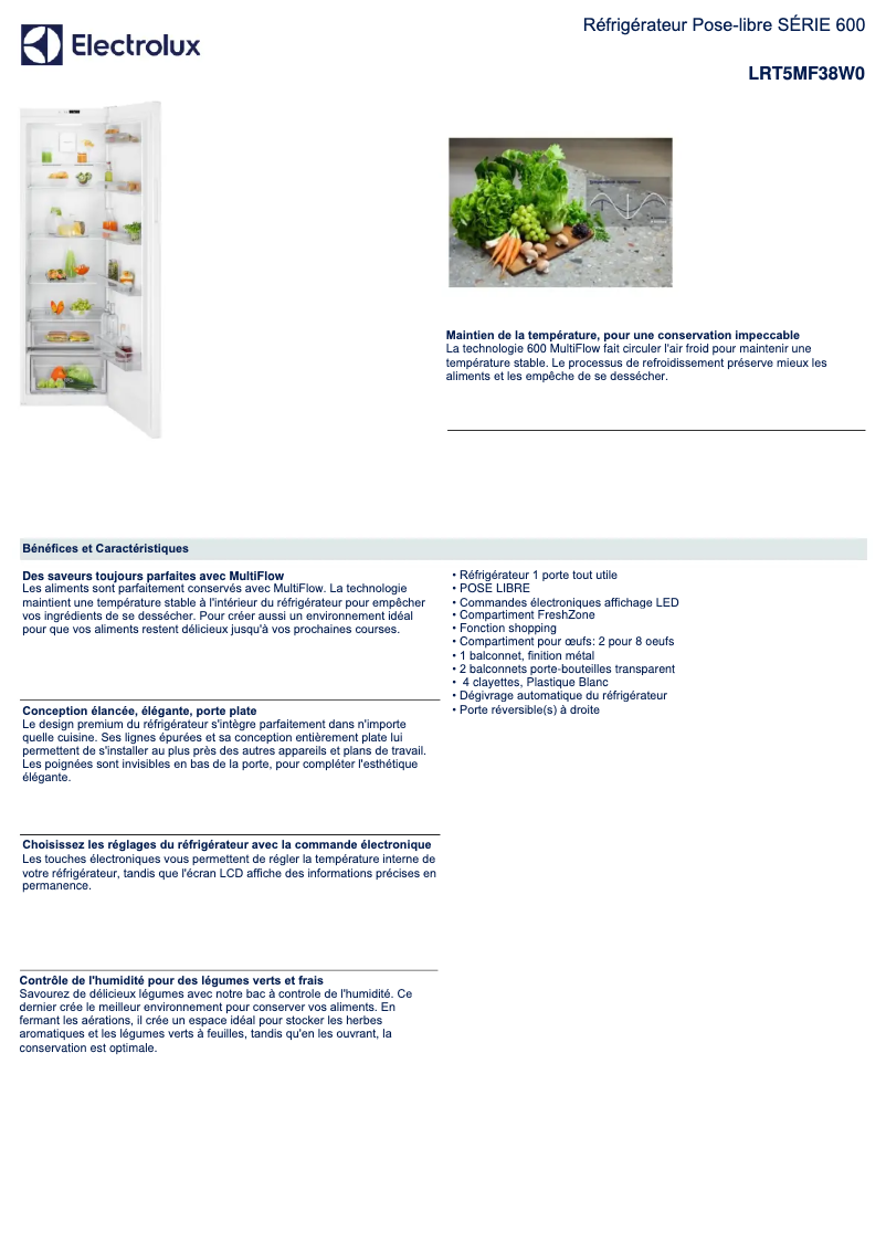 Page 1 de la notice Fiche technique Electrolux LRT5MF38W0