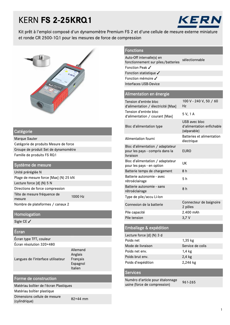 Page 1 de la notice Fiche technique Kern FS 2-25KRQ1