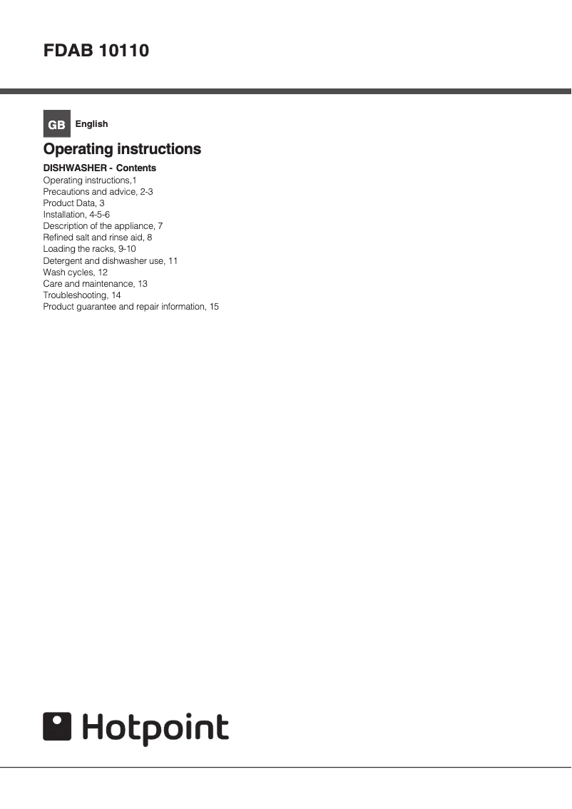 Page n°1 - Manuel utilisateur Hotpoint FDAB 10110 P