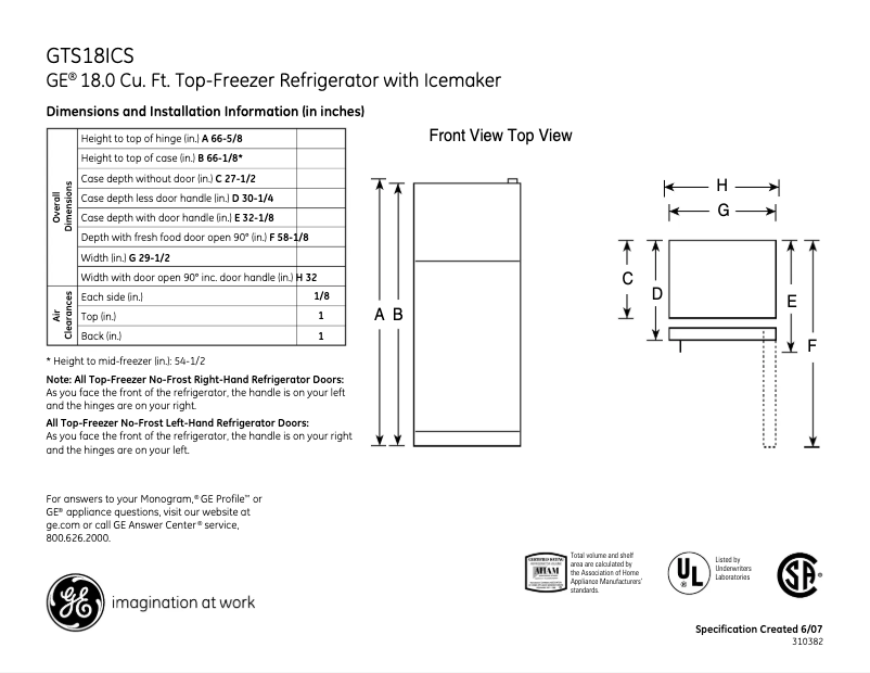 Page 1 de la notice Fiche technique GE GTS18ICSRCC