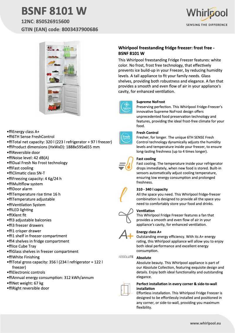 Page n°1 - Fiche technique Whirlpool BSNF 8101 W
