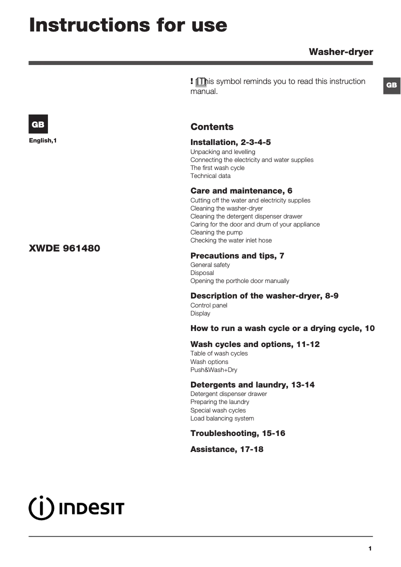 Page 1 de la notice Manuel utilisateur Indesit XWDE 961480X W