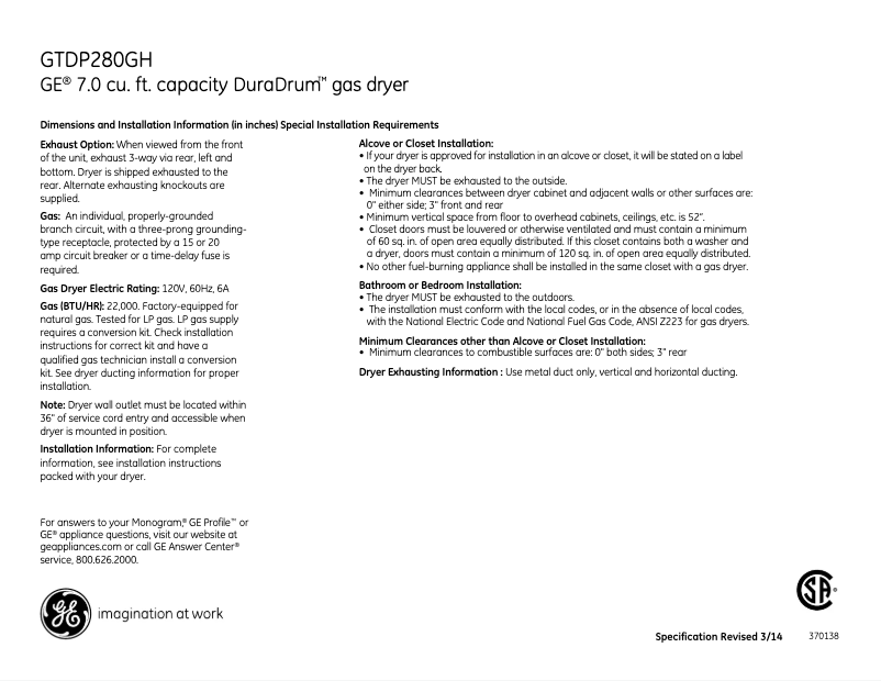 Página 1 del manual Ficha técnica GE GTDP280GHWS
