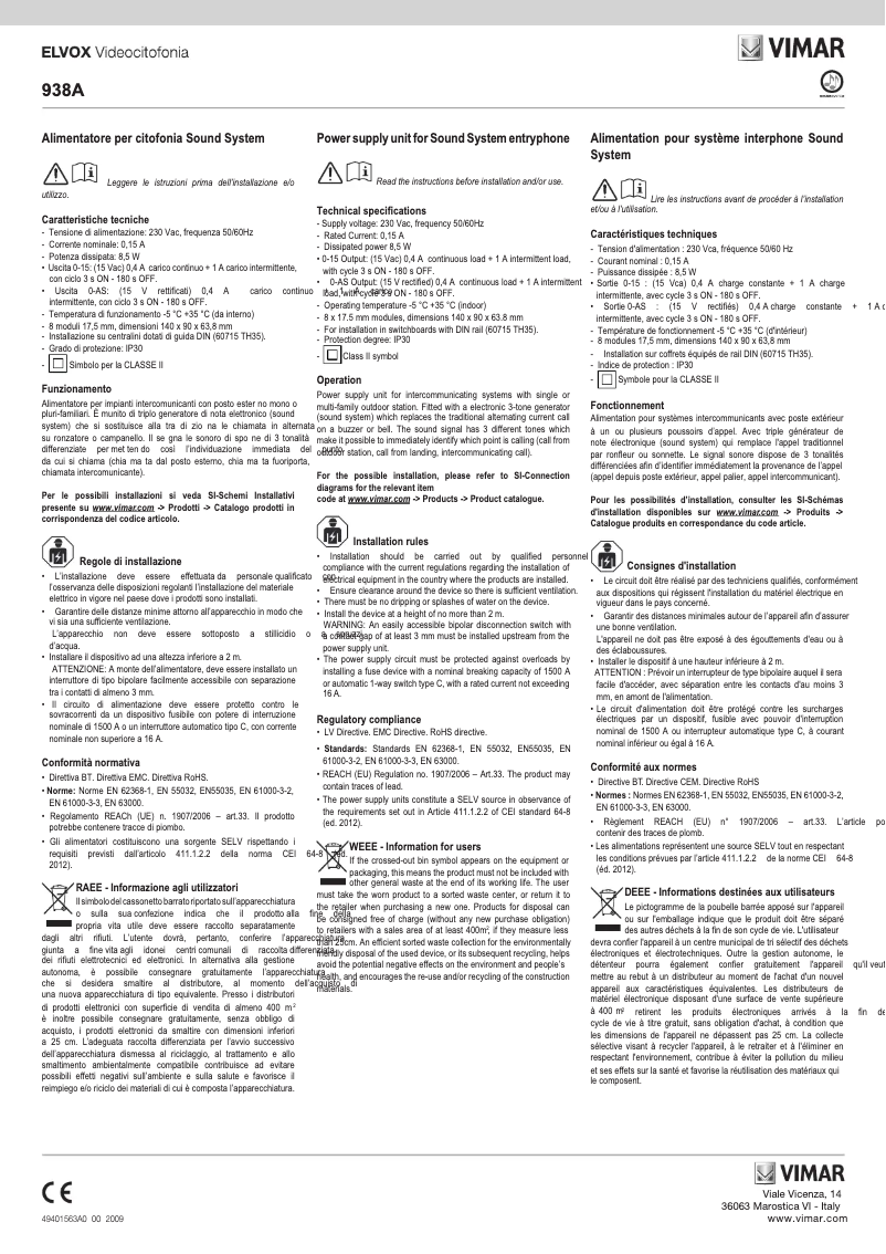 Page n°1 - Instructions / montage Vimar ELVOX 938A