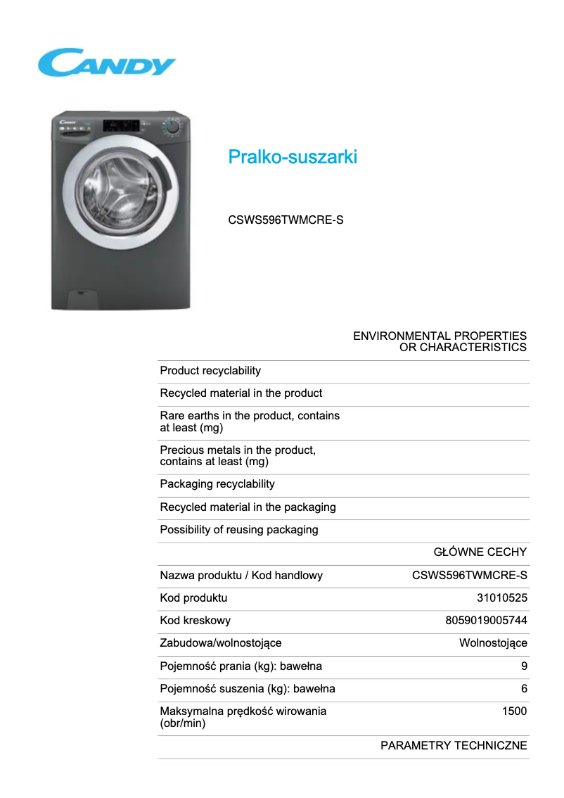 Page 1 de la notice Fiche technique Candy CSWS596TWMCRE-S
