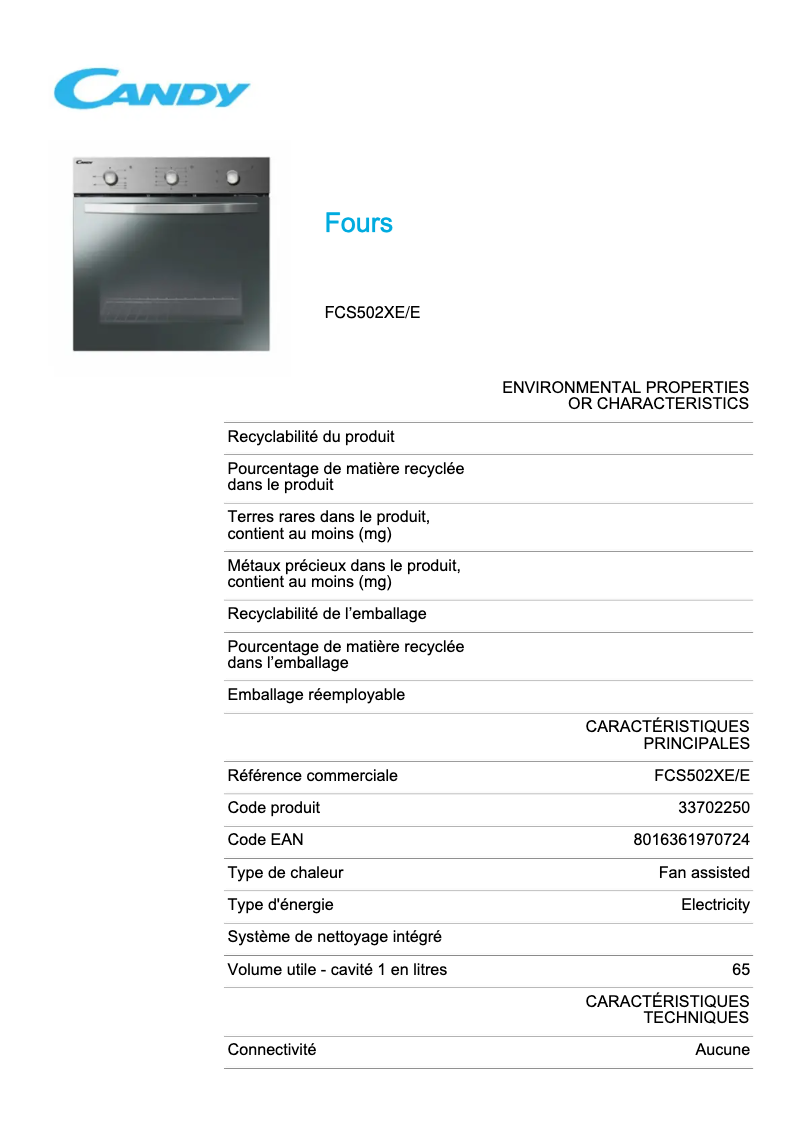 Page n°1 - Fiche technique Candy FCS502XE/E