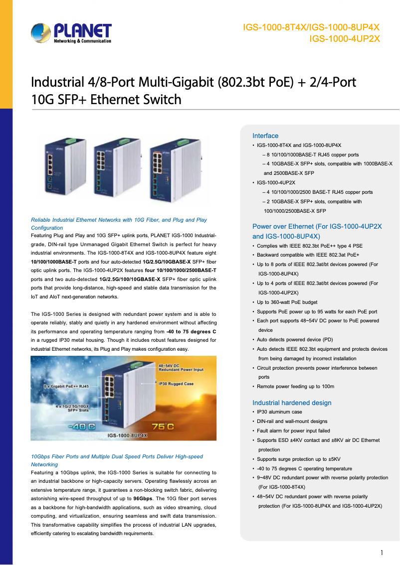 Page 1 de la notice Fiche technique Planet IGS-1000-8T4X