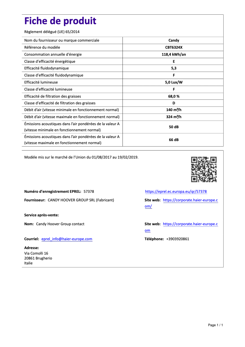 Page 1 de la notice Manuel utilisateur Candy CBT6324X