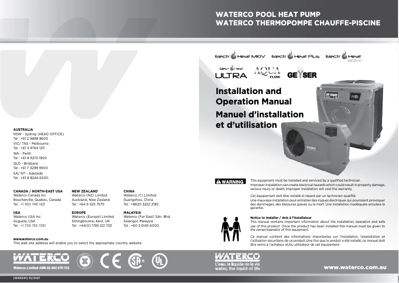 Page 1 de la notice Manuel utilisateur Waterco Electroheat plus