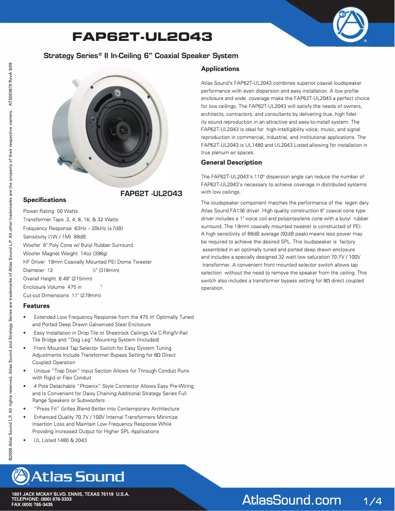 Page 1 of the manual Brochure Atlas Sound FAP62T-UL2043