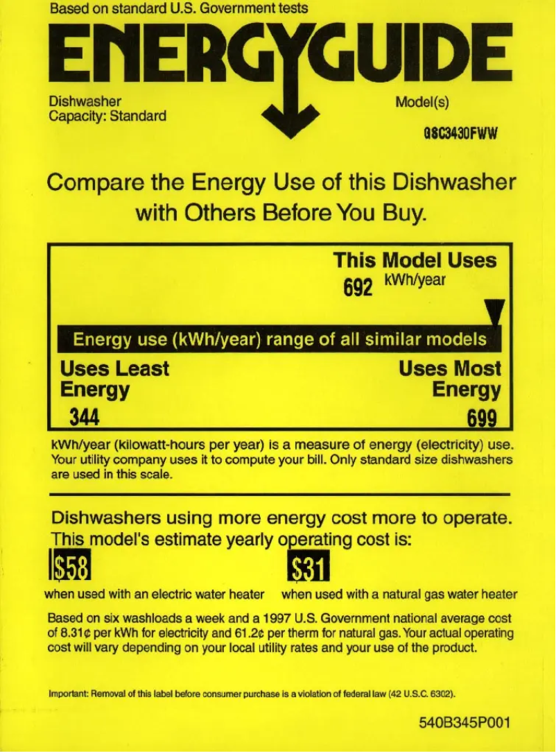 Page 1 de la notice Label énergétique GE GSC3430FWW
