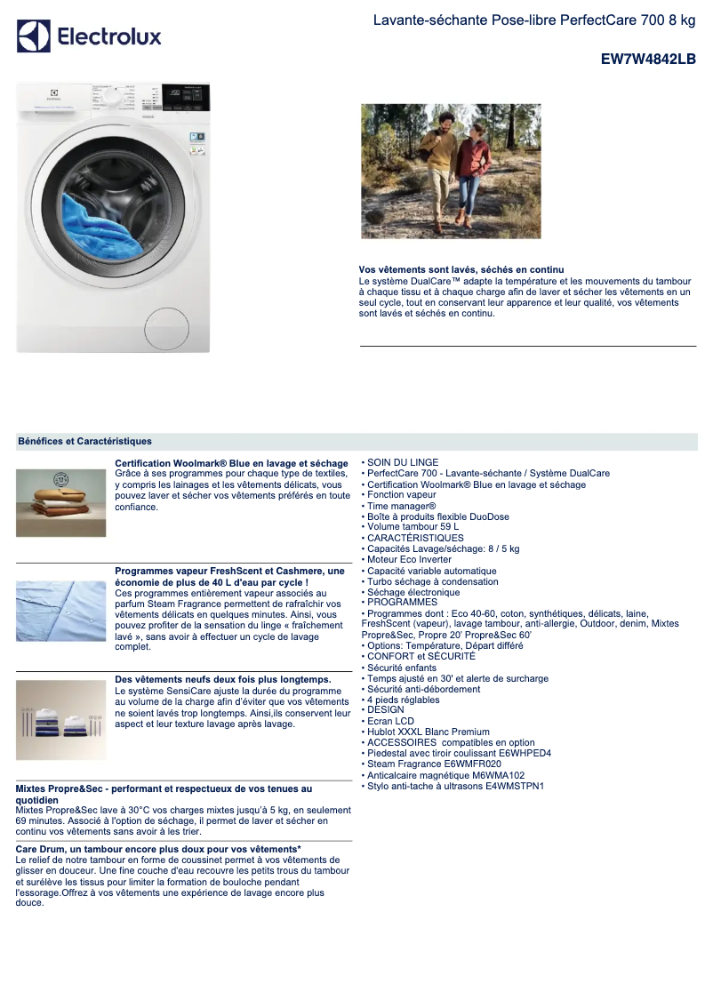 Page 1 de la notice Fiche technique Electrolux EW7W4842LB