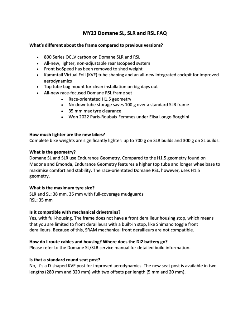 Page 1 de la notice FAQ Trek Domane SLR Gen 4