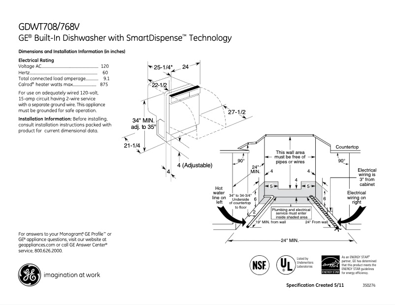 Page 1 of the manual Technical Sheet GE GDWT768VSS