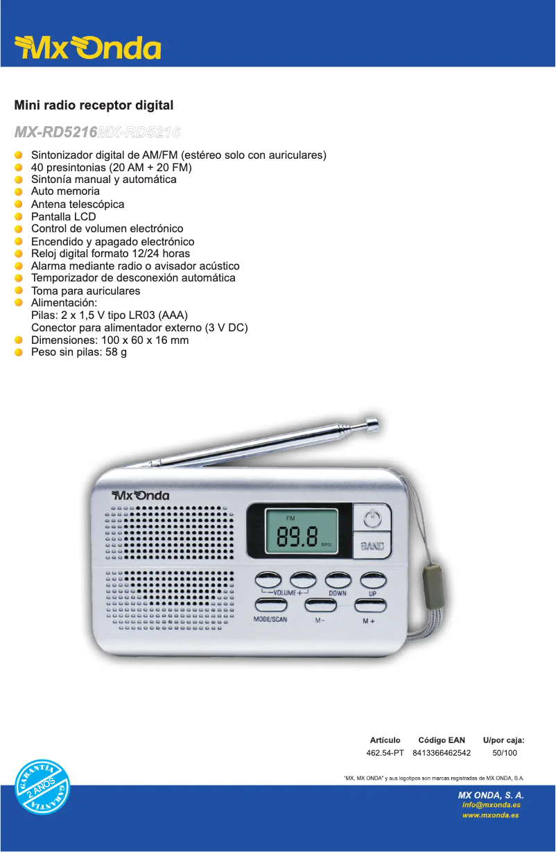 Page 1 de la notice Manuel utilisateur Mx Onda MX-RD5216