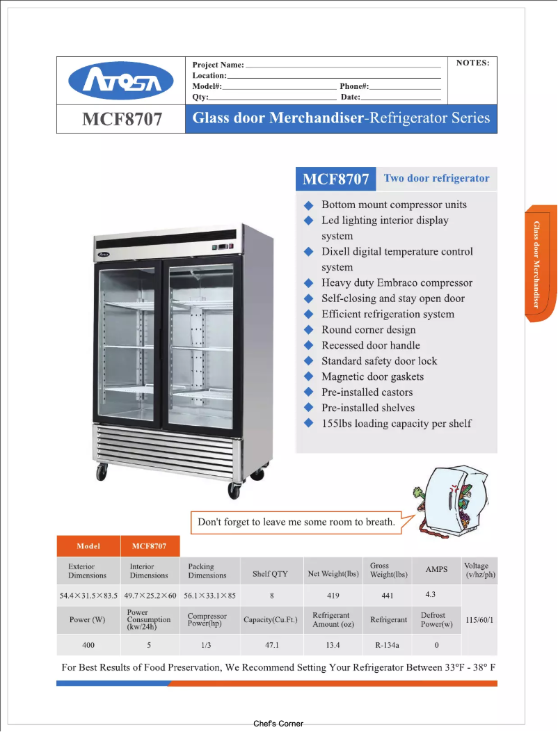 Page n°1 - Manuel d'utilisation et d'entretien Atosa Commercial MCF8707