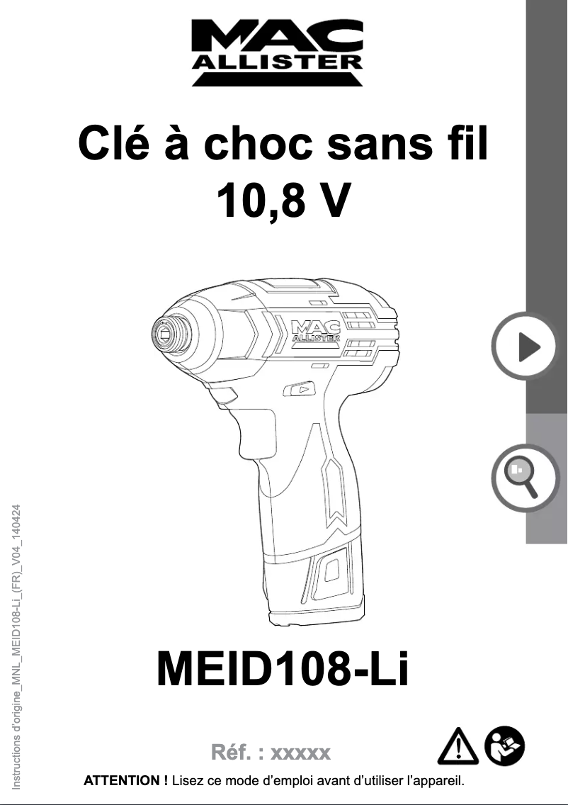 Page 1 de la notice Manuel utilisateur MacAllister MEID108-Li