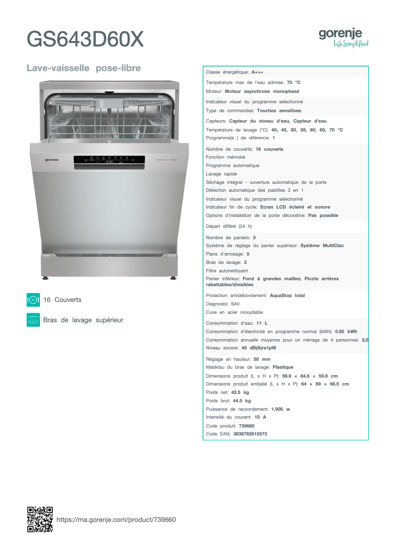 Page n°1 - Fiche technique Gorenje GS643D60X