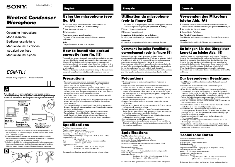 Page 1 de la notice Manuel utilisateur Sony ECM-TL1