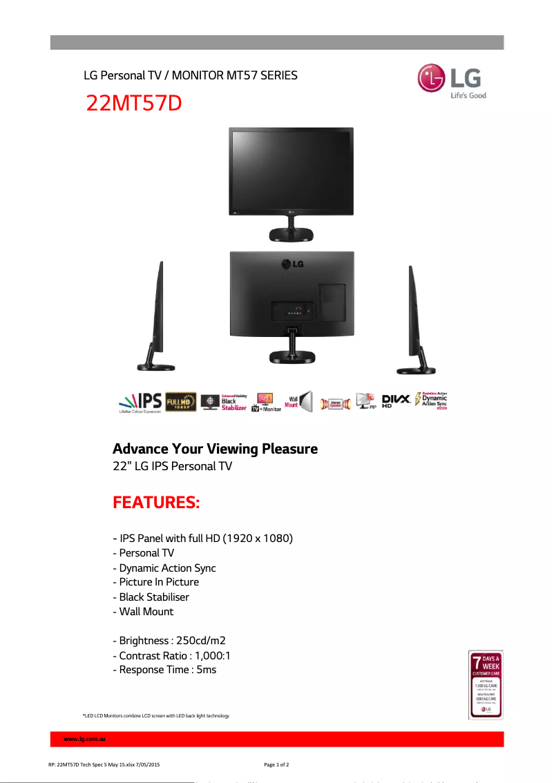 Página 1 del manual Ficha técnica LG 22MT57D