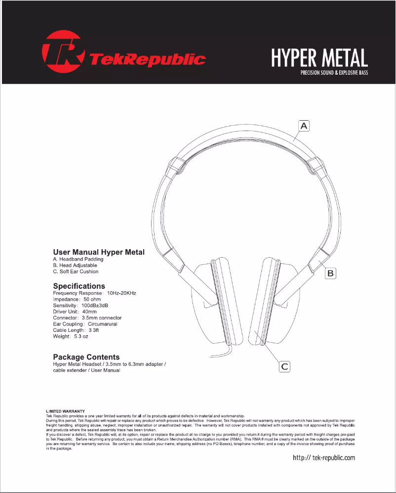 Page 1 de la notice Manuel utilisateur Tek Republic Hyper Metal