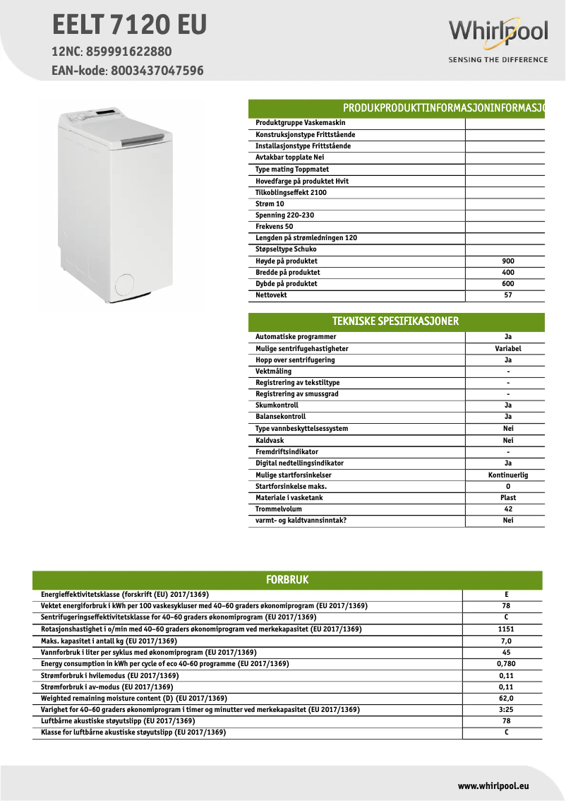 Page 1 de la notice Fiche technique Whirlpool EELT 7120 EU