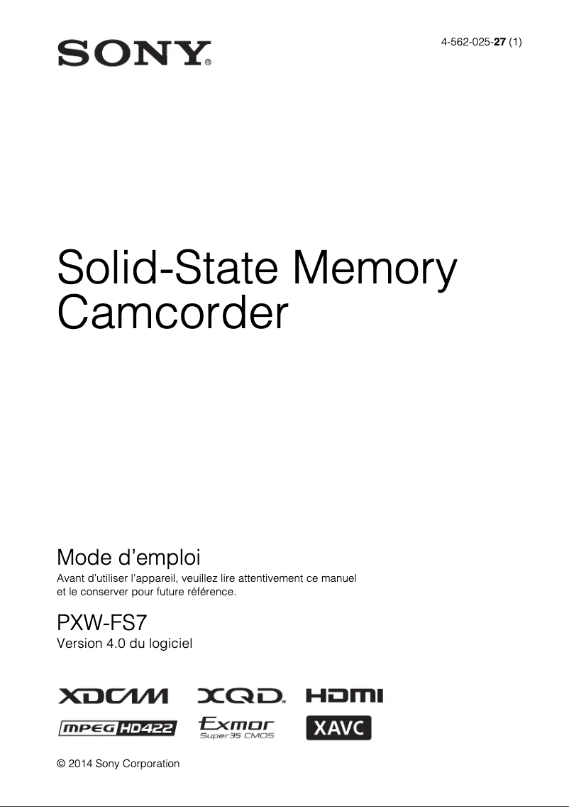 Page 1 de la notice Manuel utilisateur Sony PXW-FS7