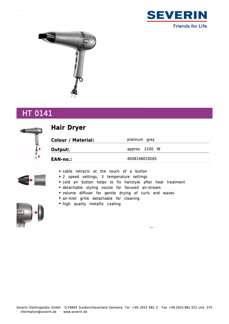 Page n°1 - Fiche technique Severin HT 0141