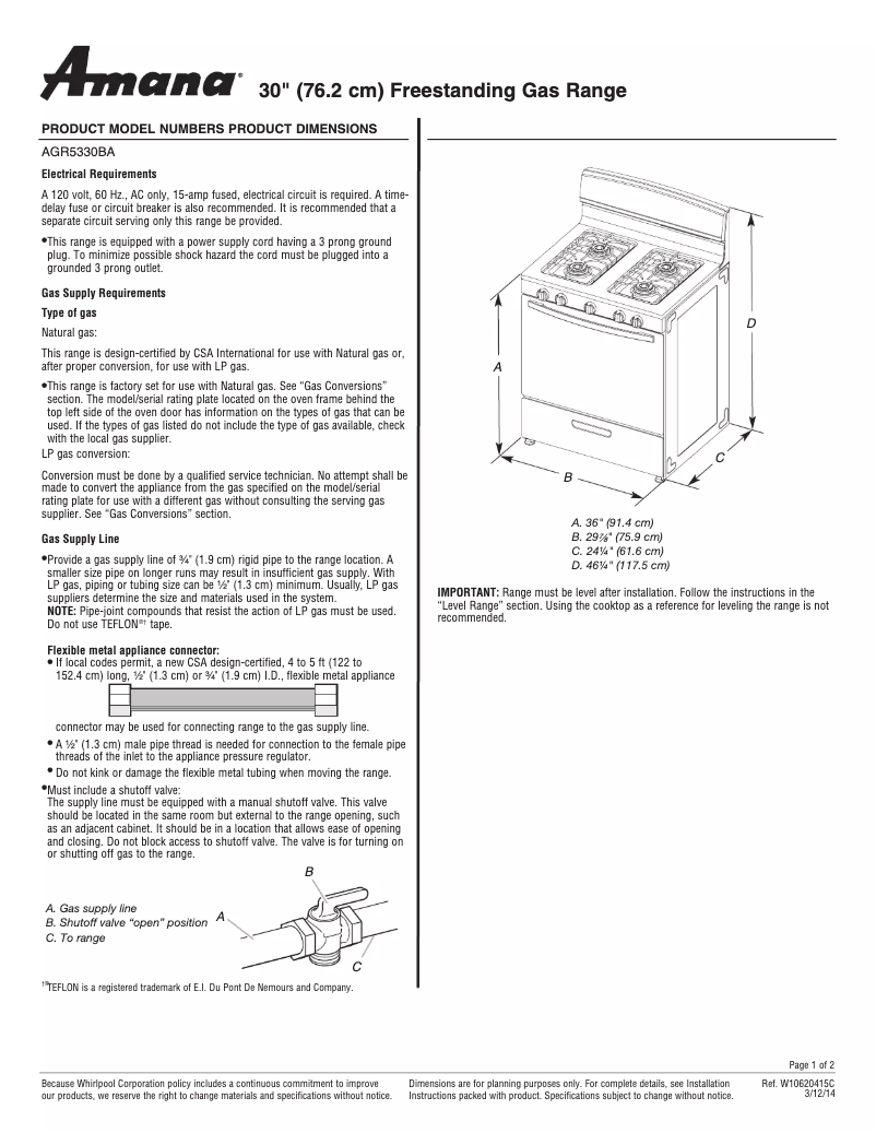 Page 1 de la notice Fiche technique Amana AGR5330BAB