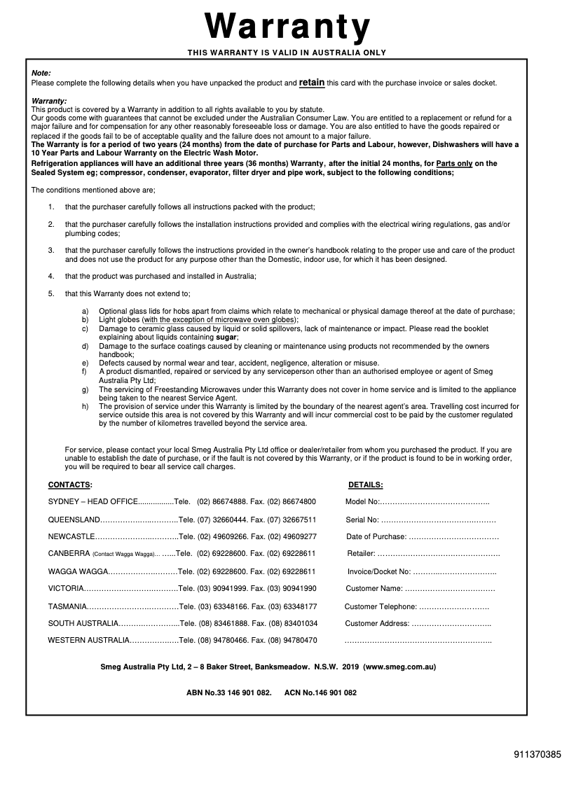 Page 1 de la notice Informations de garantie Smeg CS6GMXA