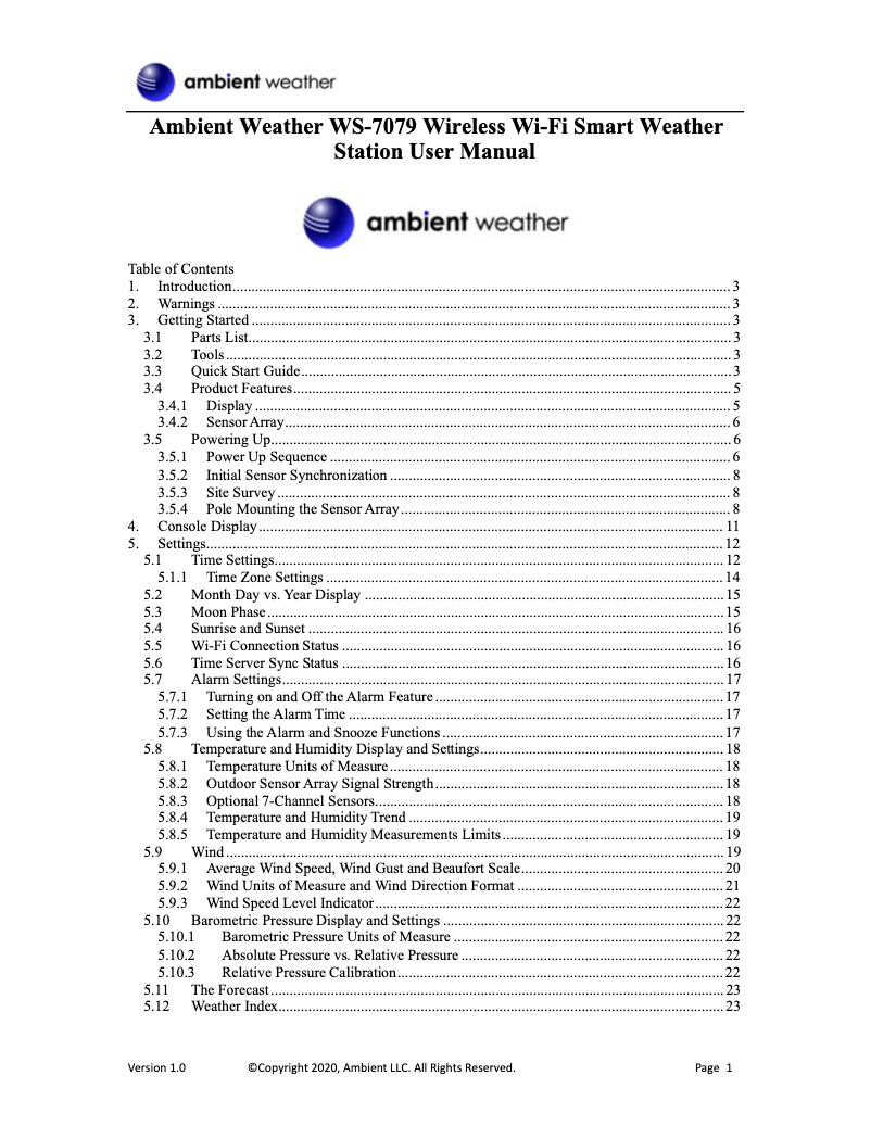 Page 1 de la notice Manuel utilisateur Ambient Weather WS-7079