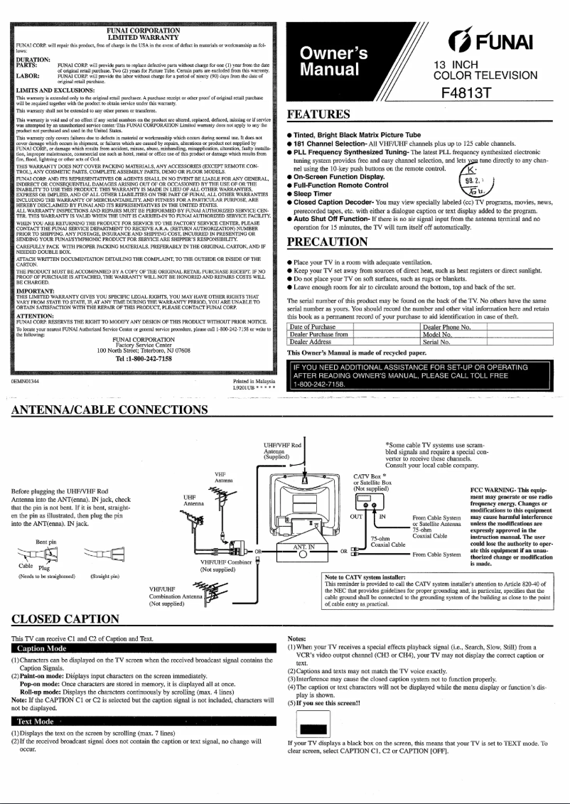 Page n°1 - Manuel utilisateur Funai F4813T