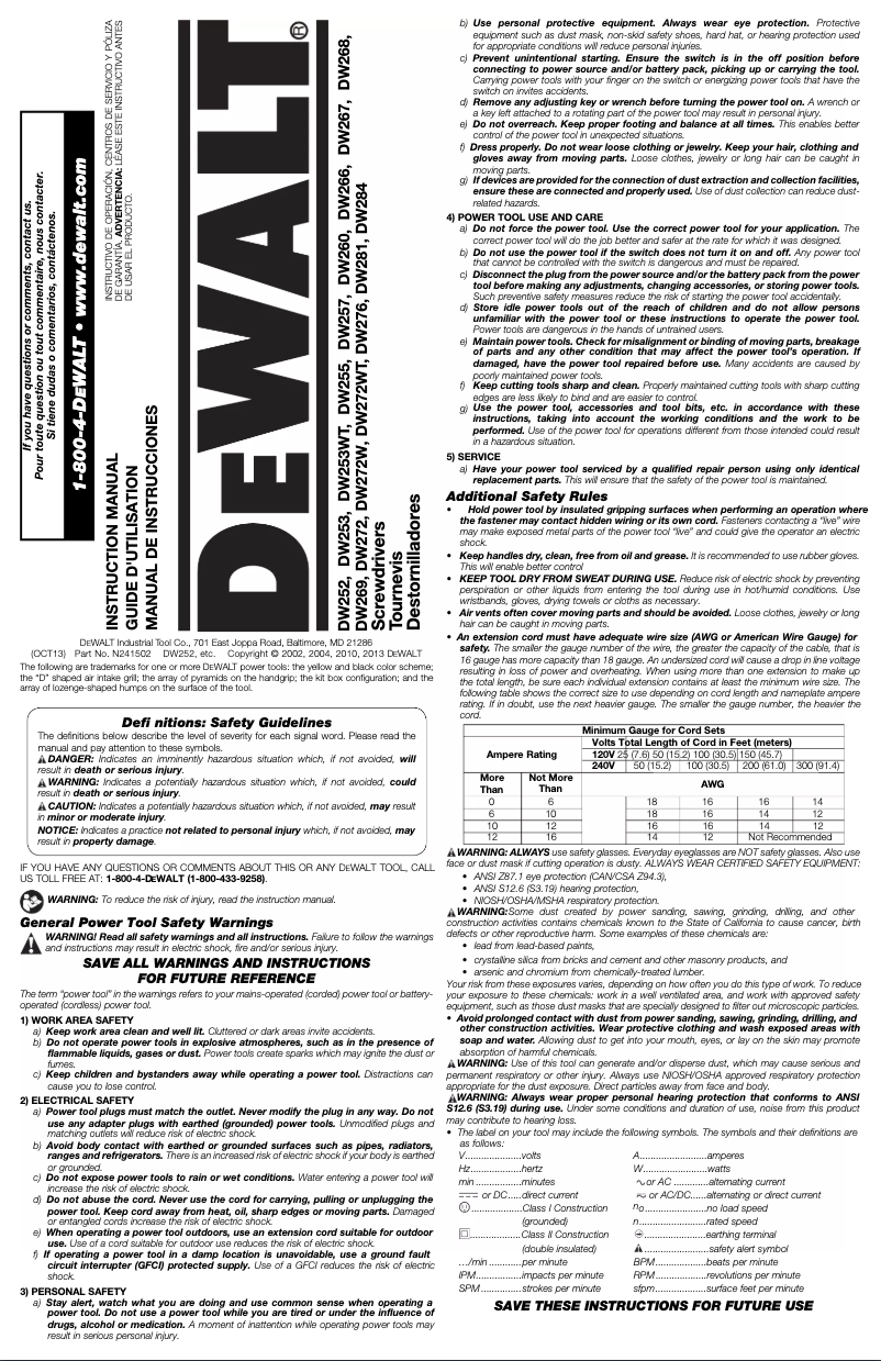 Page n°1 - Manuel utilisateur DeWalt DW272W
