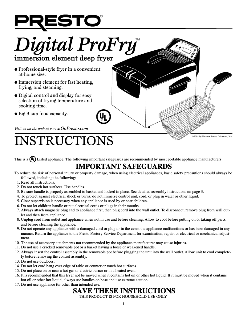 Page 1 de la notice Manuel utilisateur Presto Dual Basket ProFry