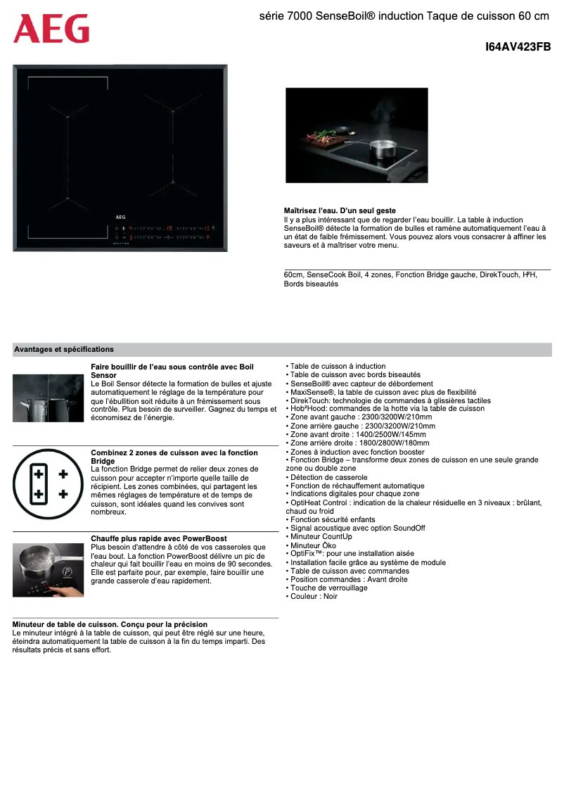 Page 1 de la notice Fiche technique AEG SenseBoil I64AV423FB