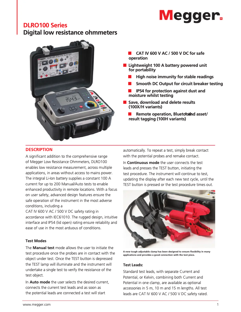 Page 1 de la notice Fiche technique Megger DLRO100E