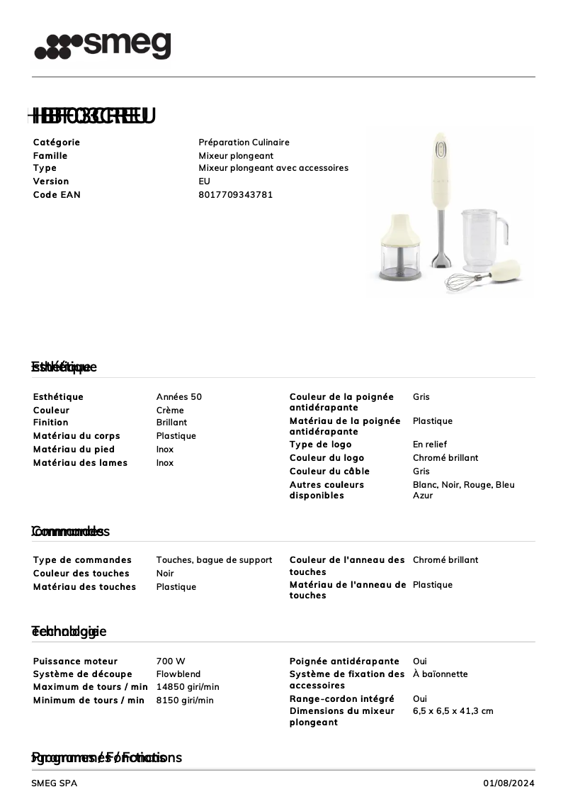 Page n°1 - Fiche technique Smeg HBF03