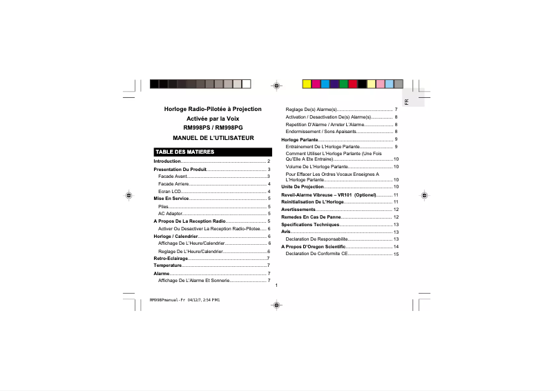Page 1 de la notice Manuel utilisateur Oregon Scientific RM998P