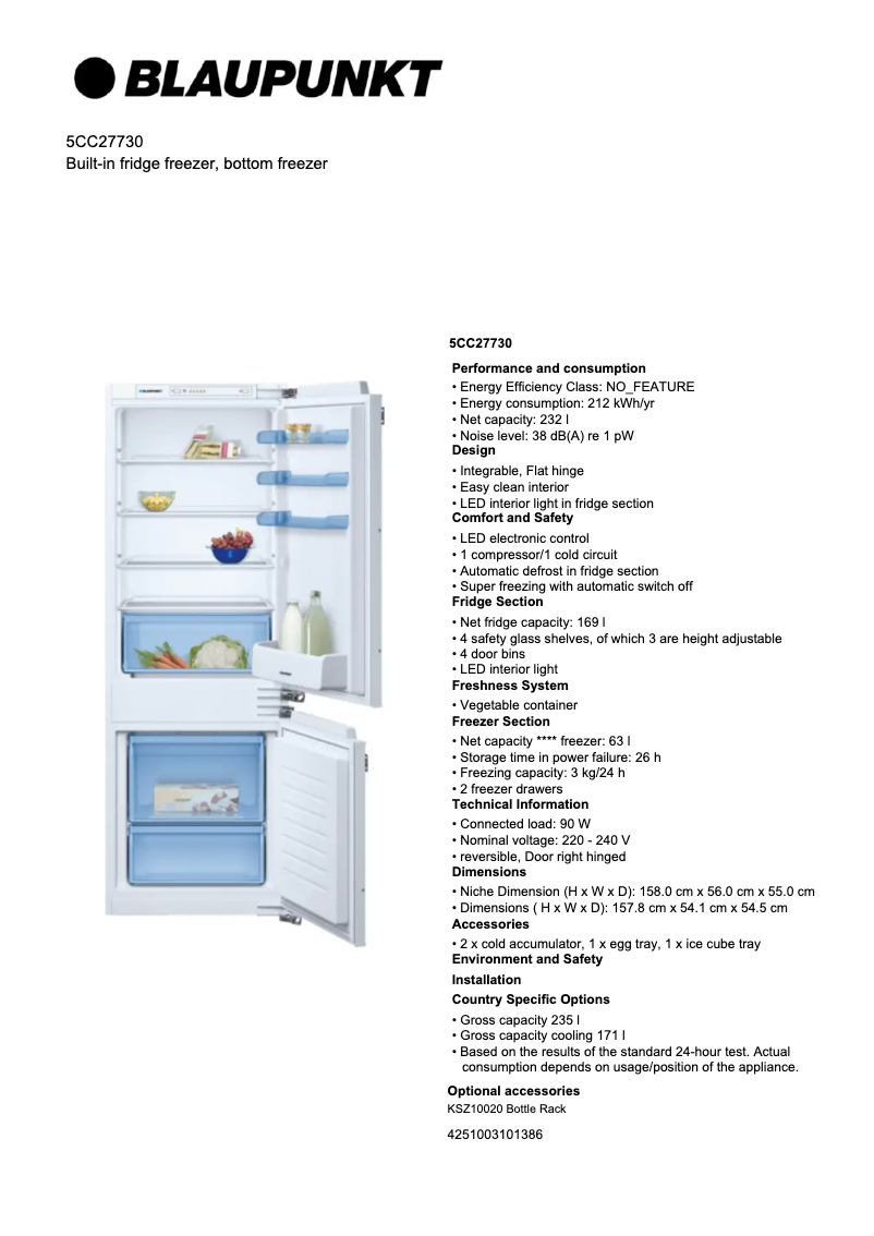 Page 1 de la notice Fiche technique Blaupunkt 5CC27730
