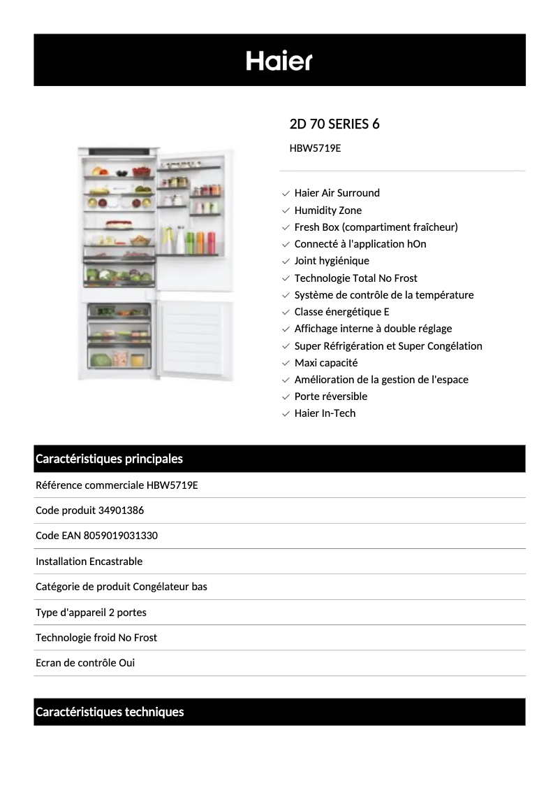 Page 1 de la notice Fiche technique Haier HBW5719E