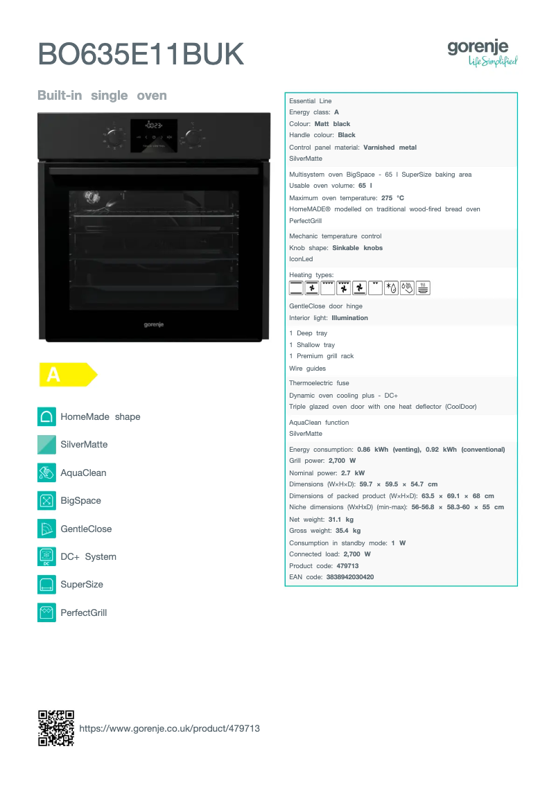 Page n°1 - Fiche technique Gorenje BO635E11BUK