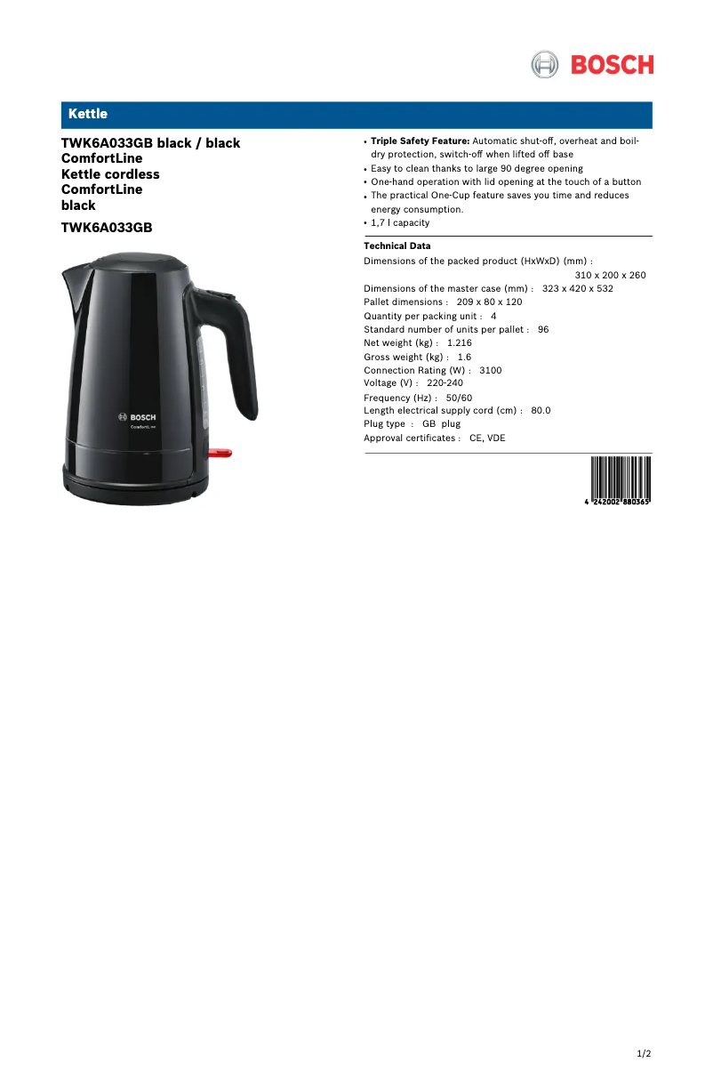 Page 1 de la notice Fiche technique Bosch TWK6A033GB