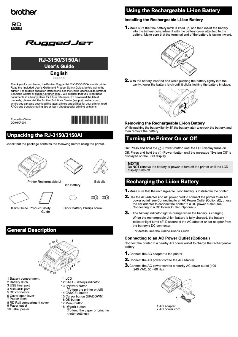 Page 1 de la notice Manuel utilisateur Brother RJ-3150Ai