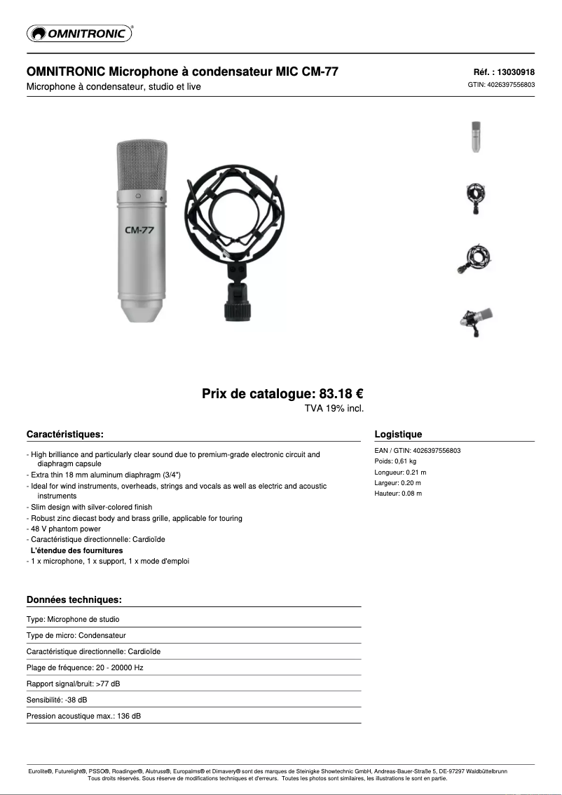 Page 1 de la notice Fiche technique Omnitronic CM-77
